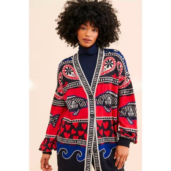 FARM Rio Sweaters - Farm Rio Navy & Red Mixed Print Fish and Hearts Cardigan. Retails $198